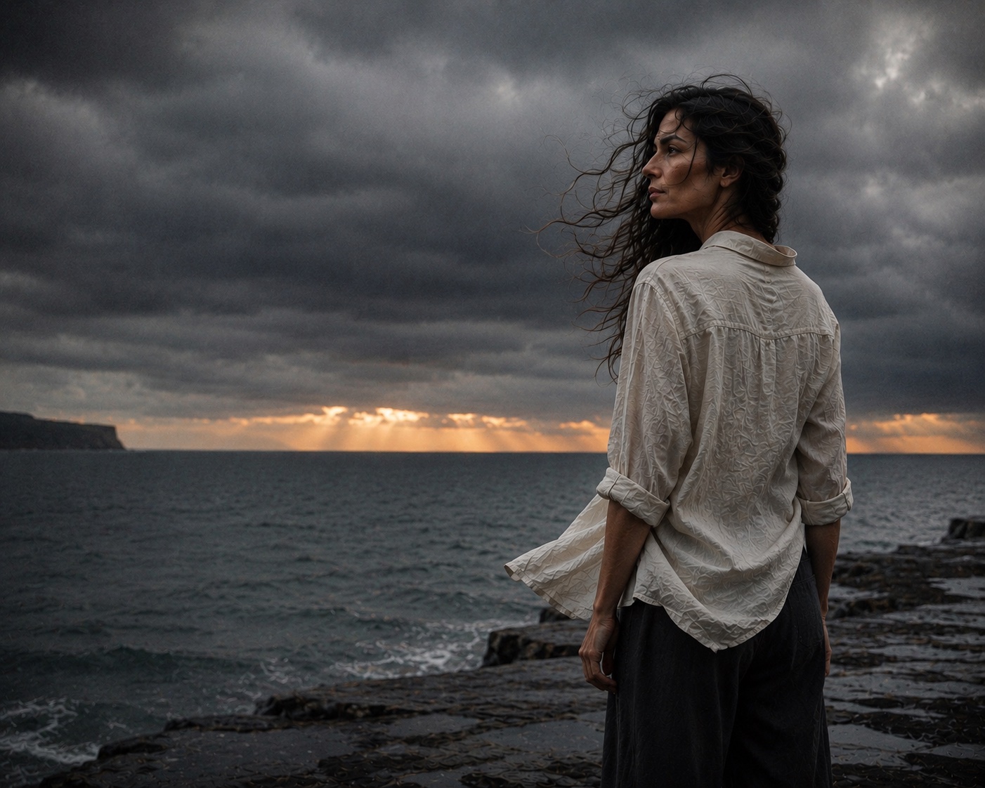 A woman standing at the edge of a rocky shore, looking out across the water