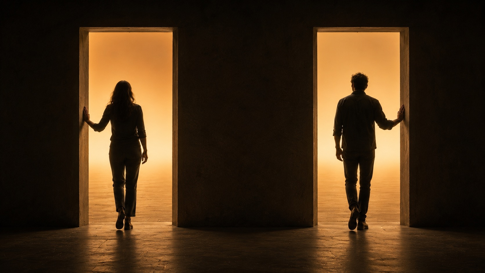 Two figures at separate doorways filled with amber light